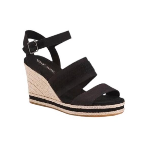 Toms Womens Black Triple Band Peep Toe Ankle Straps Wedge Sandals Sz 10 New - Picture 1 of 11